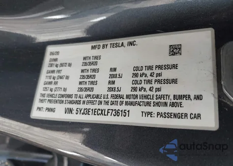 2020 Tesla Model 3 from USA, damaged, VIN 5YJ3E1ECXLF736151